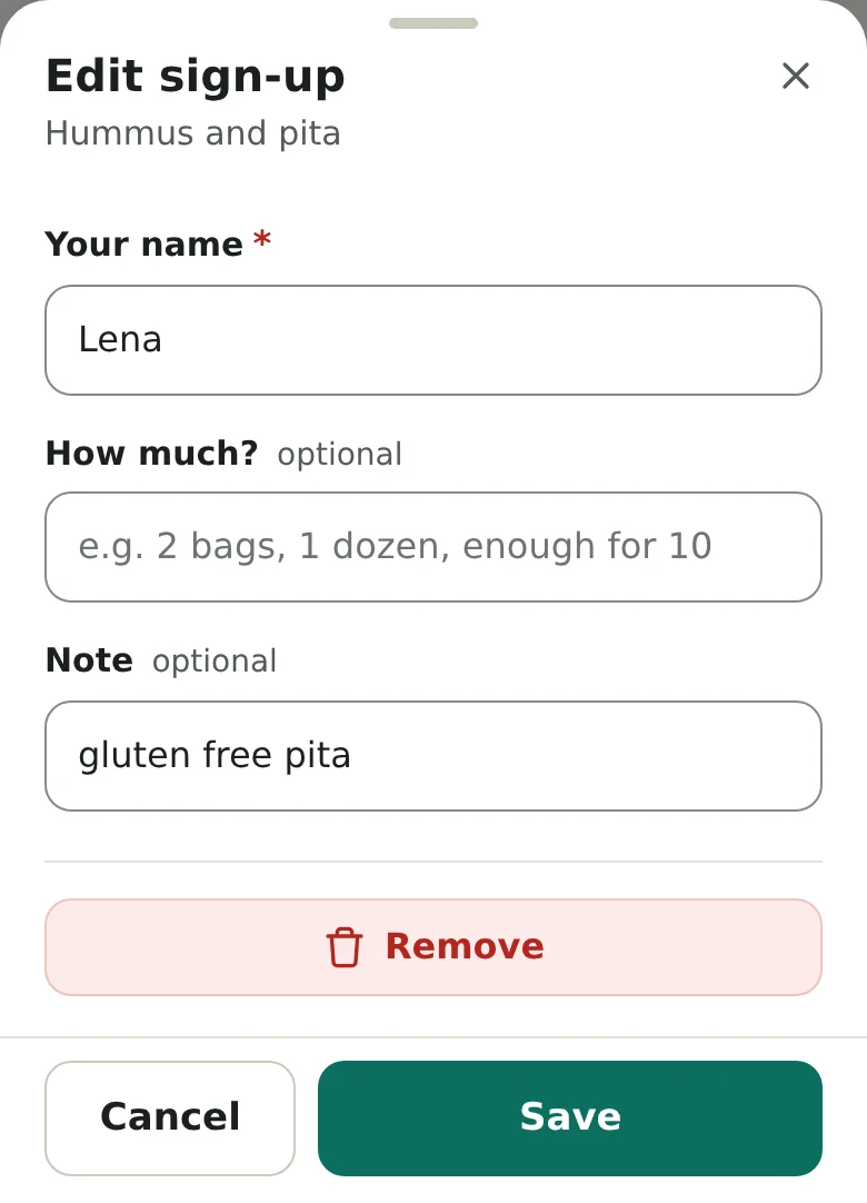The Edit sign-up window for Hummus and pita. It has the boxes Your name, How much? and Note, a red Remove button, and the buttons Cancel and Save.