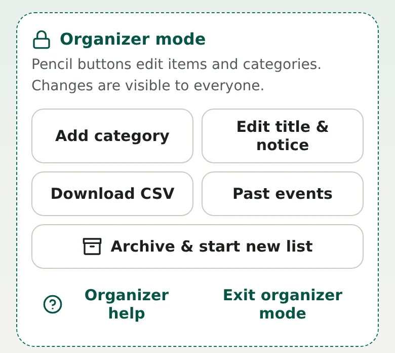 The Organizer mode panel, with the buttons Add category, Edit title & notice, Download CSV, Past events, and Archive & start new list, then Organizer help and Exit organizer mode.