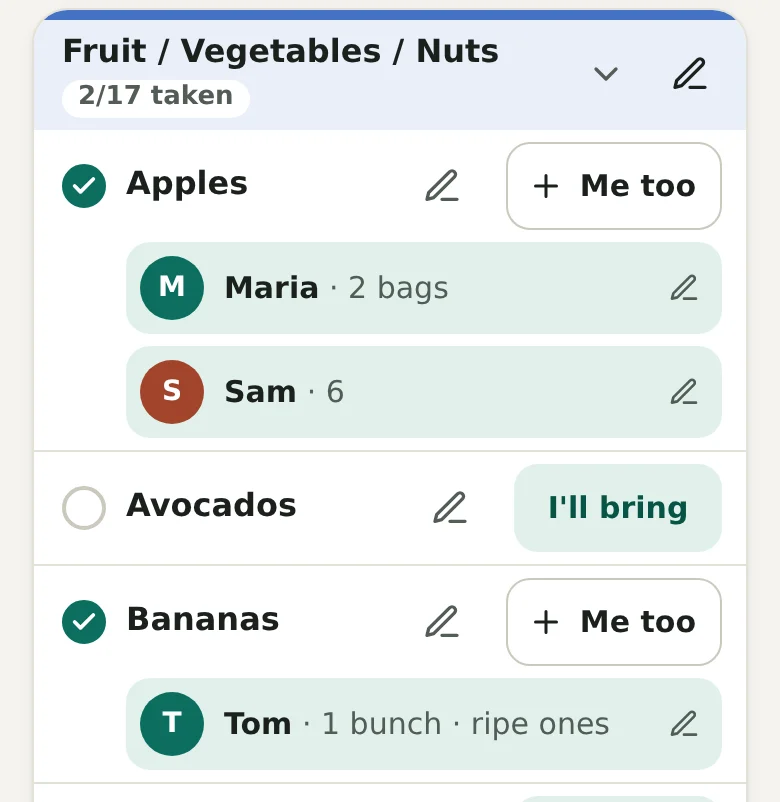 The list in organizer mode. A pencil sits right after each item’s name (Apples, Avocados, Bananas) and one on the section heading. The pencils on the people’s lines under the items still edit their sign-ups.