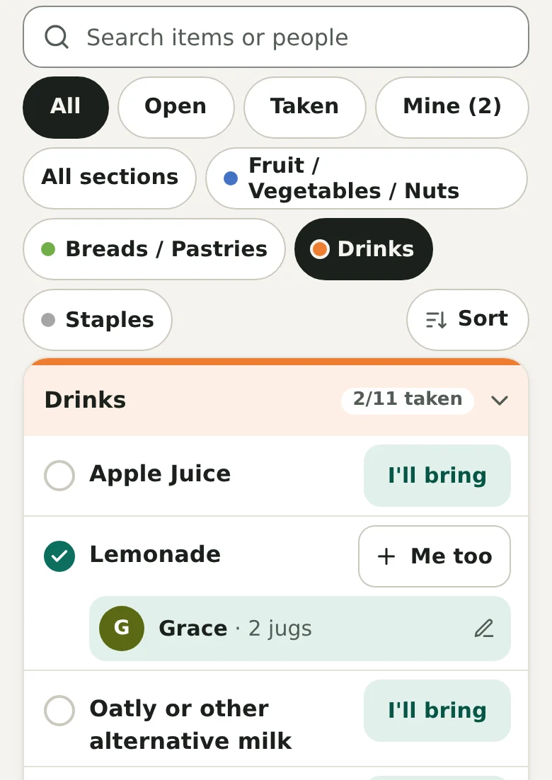 The search box, the All, Open, Taken and Mine buttons, and the section buttons with Drinks picked and Sort at the end. Below them, only the Drinks items are showing, with Lemonade taken by Grace.